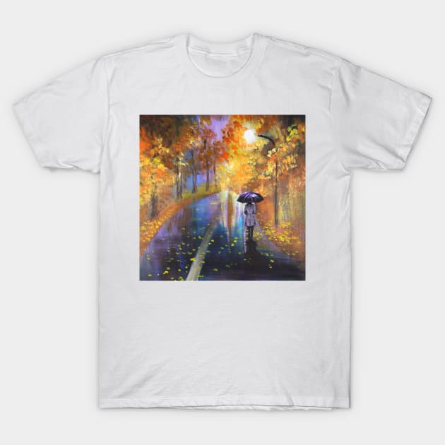 Dreamy umberella girl walking in the rain Moody Autumn rainy day T-Shirt by Tina